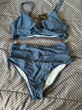 Zaful Slate Blue High-Waist Two-Piece Bikini